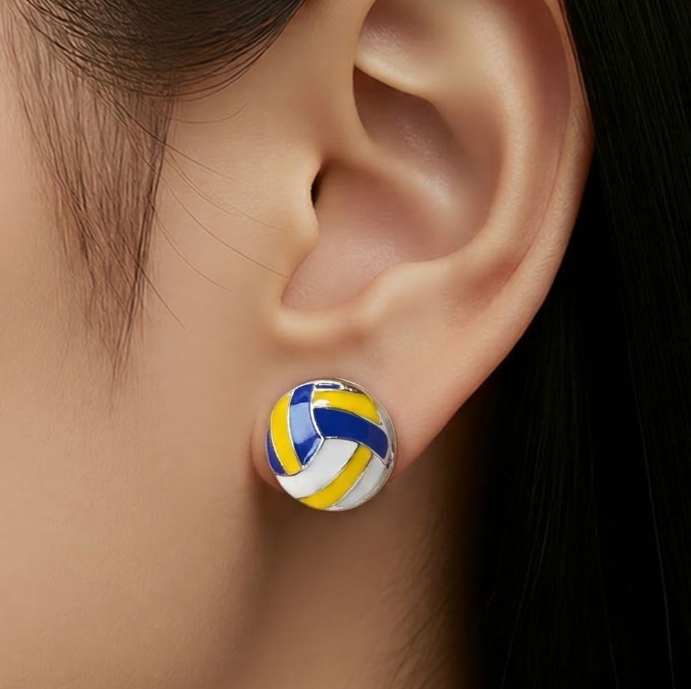 Mikasa Volleyball Stud Earrings Enamel Silver Sports Mom League Jewelry Glam